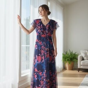 Chic Floral Maxi Dress in Navy and Pink